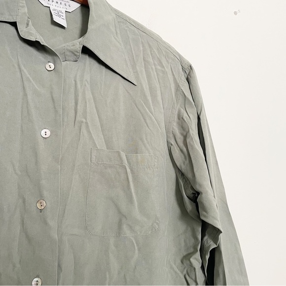 Vintage 90s Express 100% Silk Oversized Button Down Shirt Sage Green Size Small - Picture 5 of 8